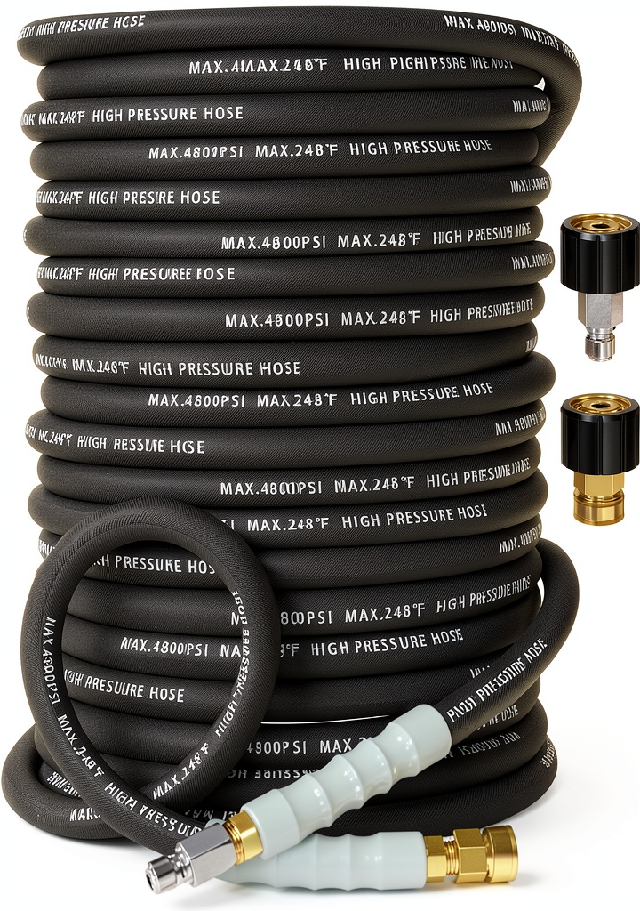 Industrial pressure washer hose in use
