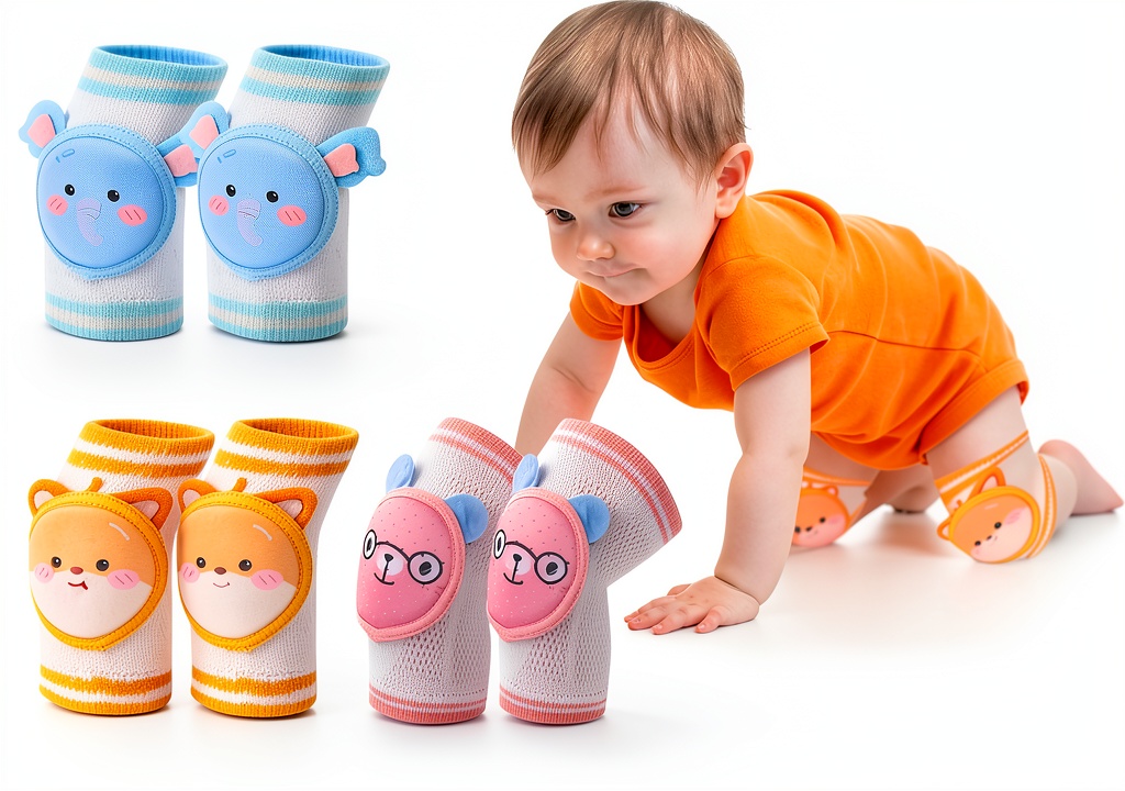 Baby wearing colorful knee pads while crawling on a carpet