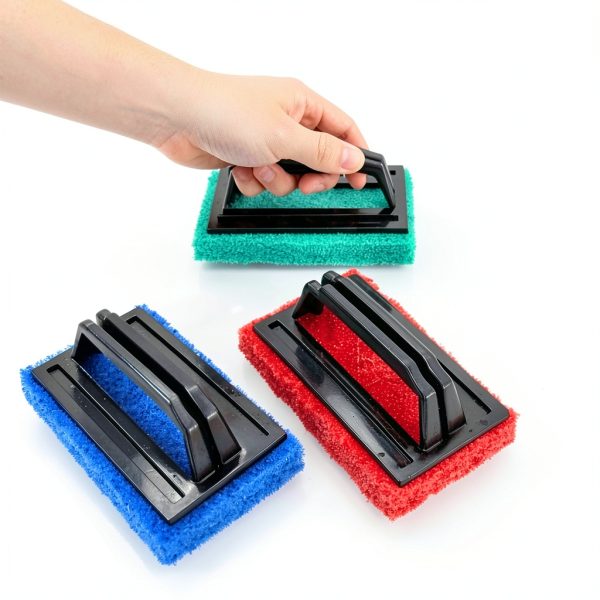 3 Pcs Hand-Held Pool Scrub Brush, Bathroom Scouring Pad, Non-Scratch Bathtub Scrubber with Handle, Cleaning Sponge for Shower Tile, Bathtube Sink Spas Tubs & Swimming Pool Step(red, blue, green)-3