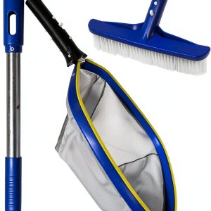 Poolvio Swimming Pool Cleaning Kit, 14'' Brush Head & 50'' Telescopic Aluminum Pole with Fine Mesh Skimmer Net - Perfect for Above Ground Pools, Spas, Hot Tub Fountains Blue (PK0140)-0