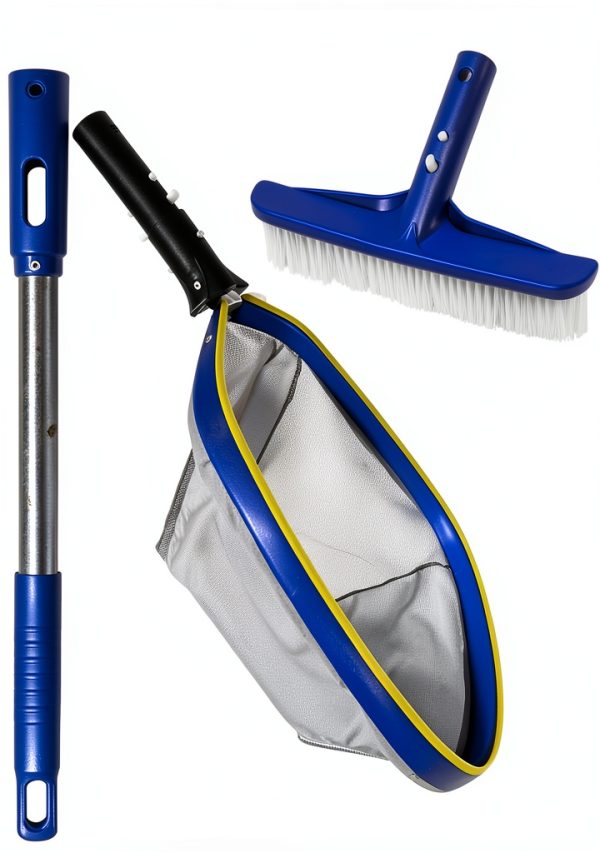 Poolvio Swimming Pool Cleaning Kit, 14'' Brush Head & 50'' Telescopic Aluminum Pole with Fine Mesh Skimmer Net - Perfect for Above Ground Pools, Spas, Hot Tub Fountains Blue (PK0140)-0