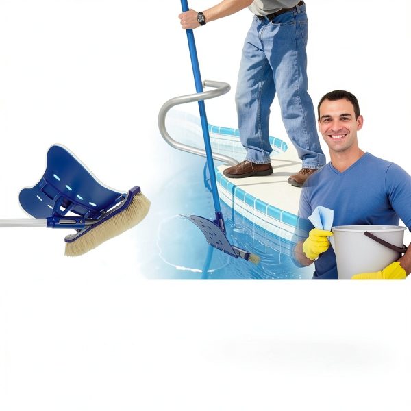 Pool Brush with Brush Tail for Cleaning Pool Walls Using Water Pressure, 18" Tough Plastic Bristles Pool Brush Head with EZ Clips Fit Most Poles (Pole not Included)-2