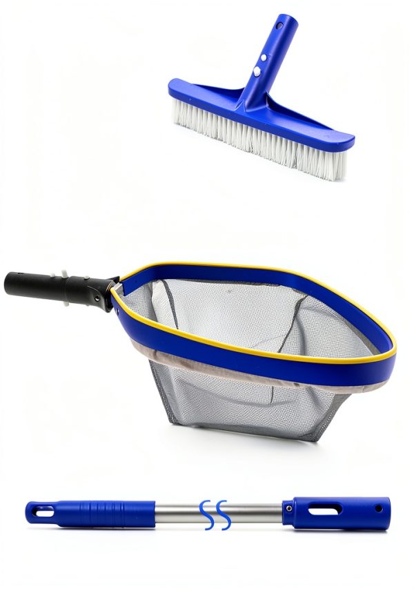 Poolvio Swimming Pool Cleaning Kit, 14'' Brush Head & 50'' Telescopic Aluminum Pole with Fine Mesh Skimmer Net - Perfect for Above Ground Pools, Spas, Hot Tub Fountains Blue (PK0140)-2