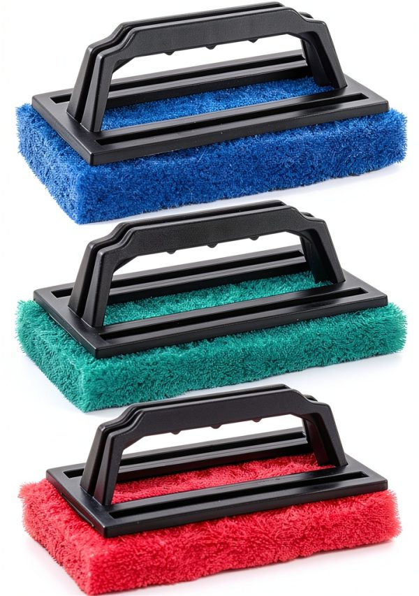 3 Pcs Hand-Held Pool Scrub Brush, Bathroom Scouring Pad, Non-Scratch Bathtub Scrubber with Handle, Cleaning Sponge for Shower Tile, Bathtube Sink Spas Tubs & Swimming Pool Step(red, blue, green)-0